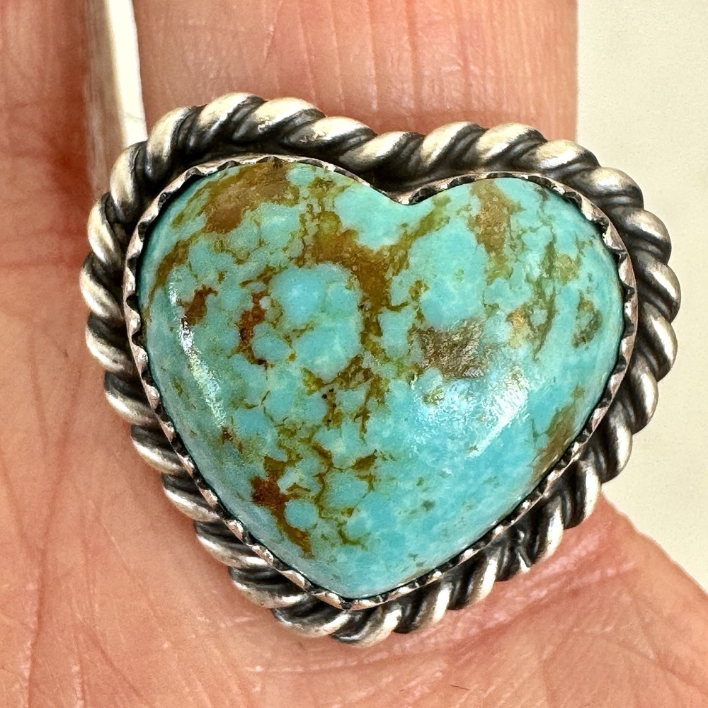 Heart Shape Turquoise‎ Ring Sz 8 Navajo Signed Dixon Sterling Silver Adjustable